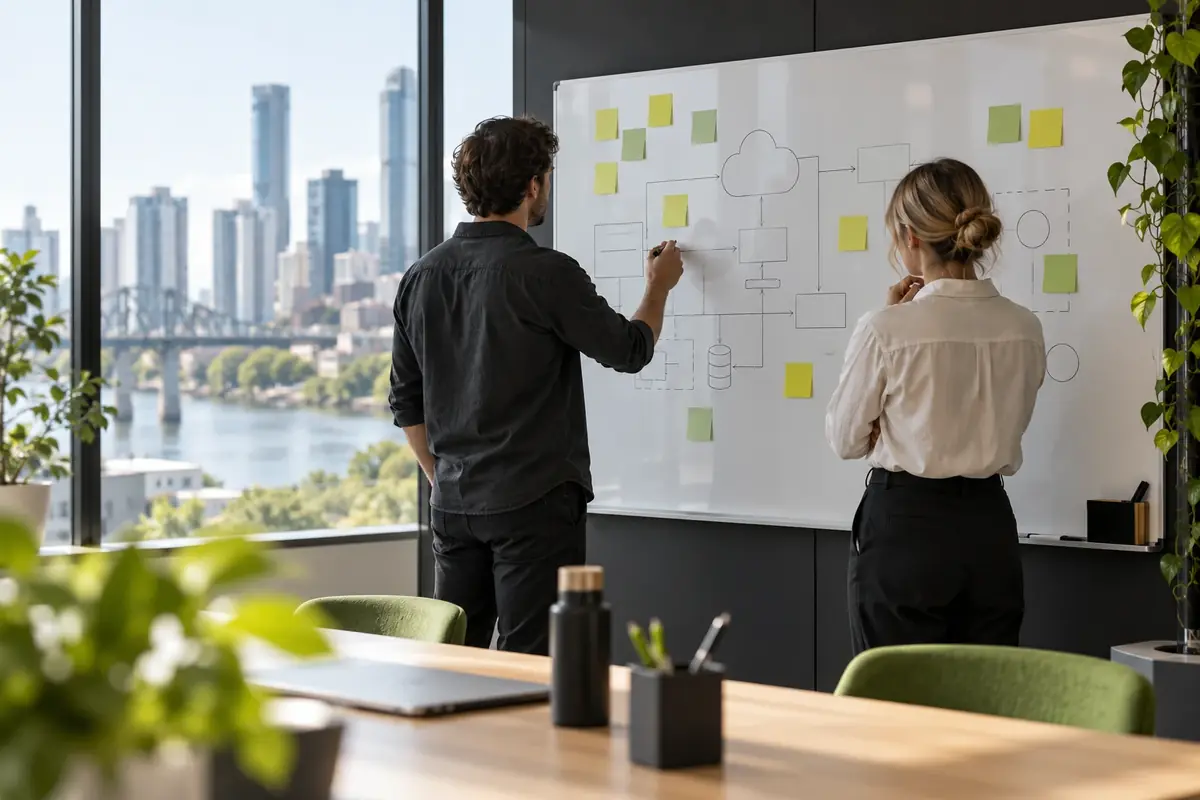 Two consultants mapping a system architecture on a whiteboard in a Brisbane office